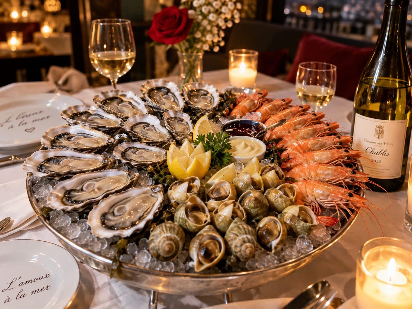 "OFFRE AMOUREUX " (12 huitres + 12 crevettes + 12 bulots) + 1 bouteille de vin blanc sec